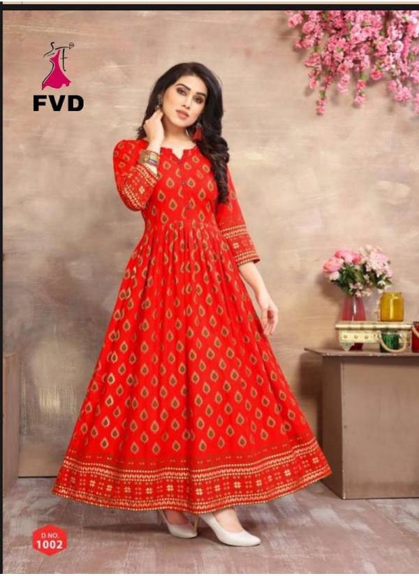 FVD Golden City Latest Casual Wear Reyon 14 kg With Foil Print Long Gown Collection 